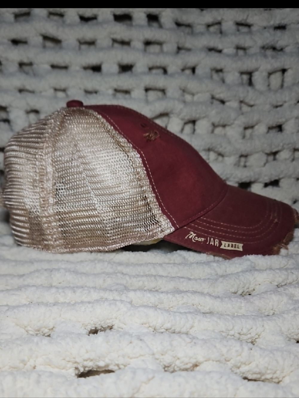Mason Jar Label Distressed Mesh Snap Back Trucker Hat New Dark Red